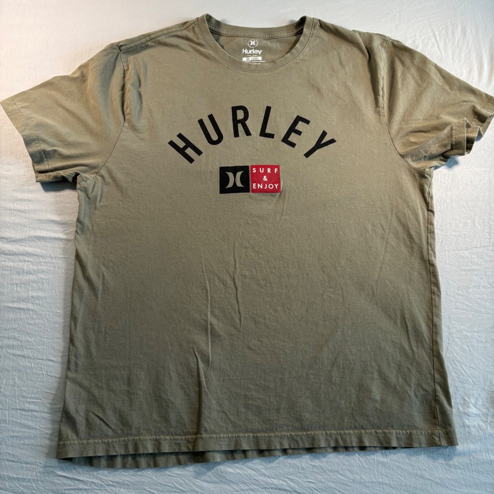 Hurley Mens XL Olive Green Surf & Enjoy Graphic Logo T-Shirt Cotton Short Sleeve